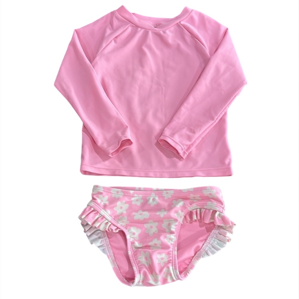 Old Navy Pink Floral 2 Piece Swim Set Rash Guard & Ruffle Bottom Baby 18-24 Mos